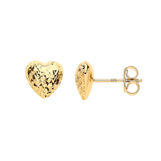 Yellow Gold Puffed Diamond Cut Heart Stud Earrings
