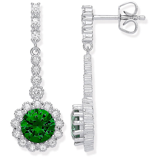 Silver Round Green Cubic Zirconia Long Drop Earrings