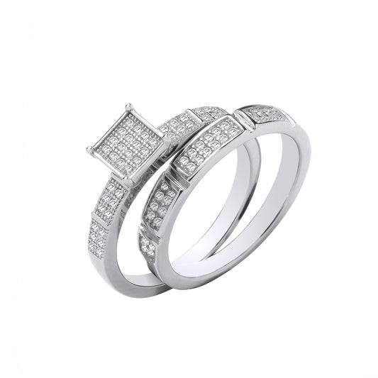 Silver Bridal Set Square Top Cubic Zirconia Half Eternity Rings