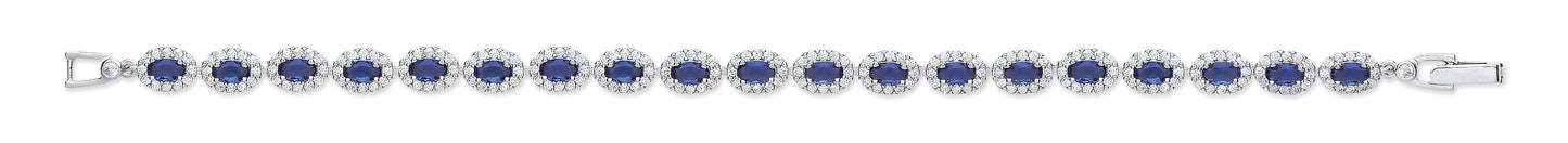Silver 5.8mm Sapphire Blue Oval Cubic Zirconia Ladies Bracelet