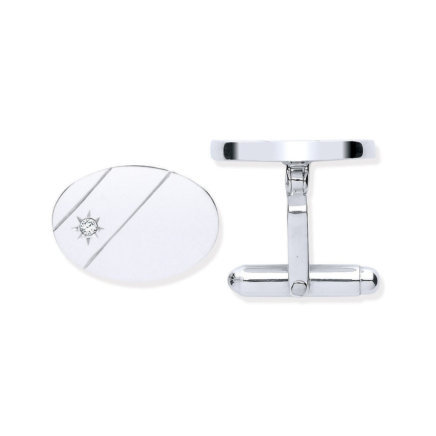 Silver Cubic Zirconia, Plain Oval Cufflinks