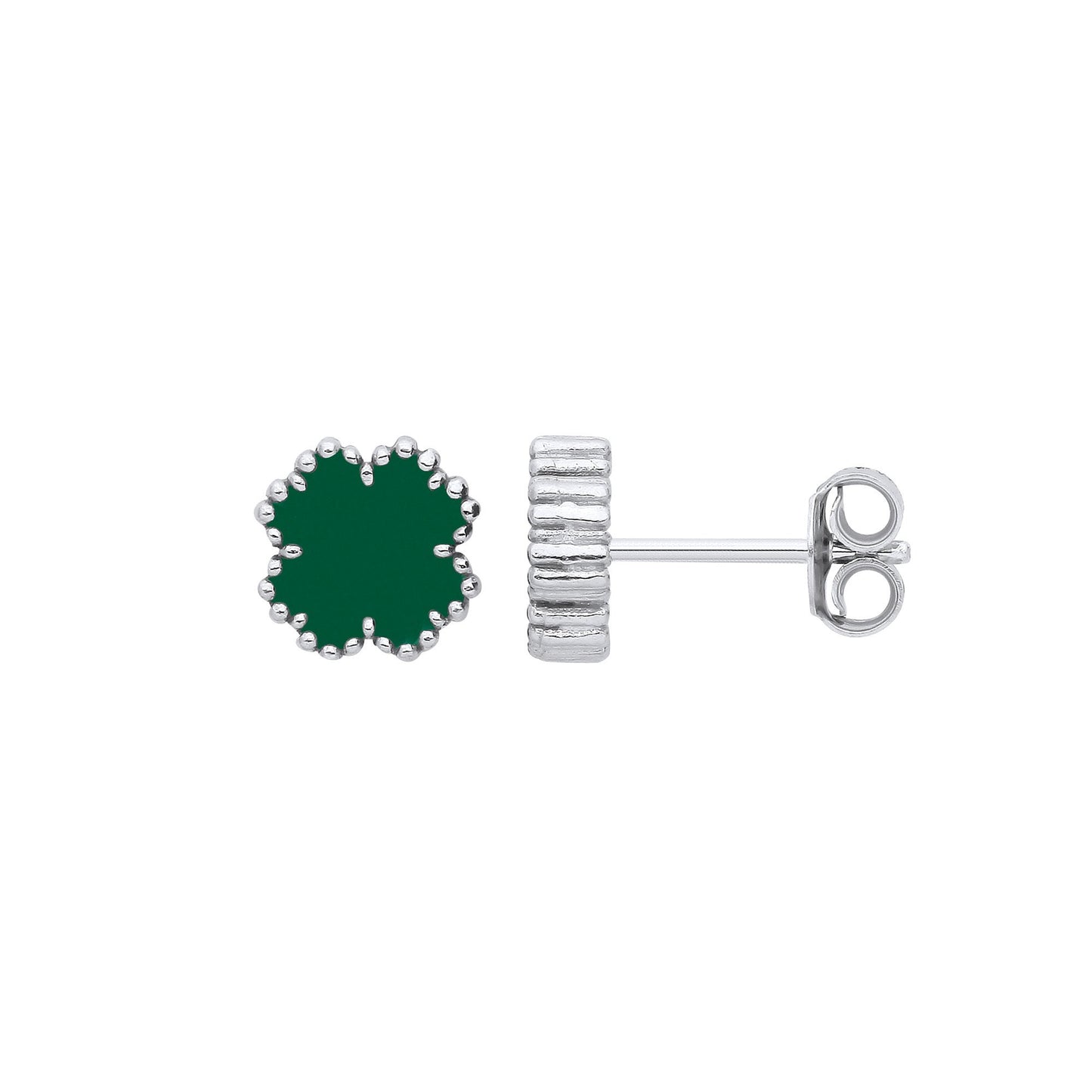 Silver Green Enamel Four Leaf Clover Studs