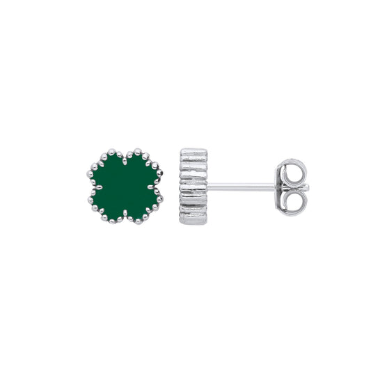Silver Green Enamel Four Leaf Clover Studs