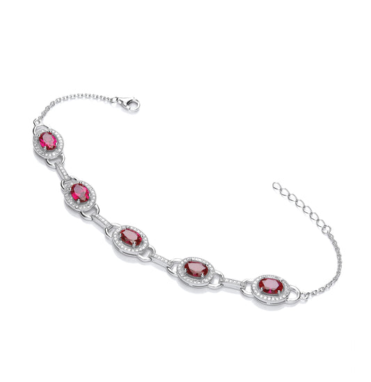 Red & Clear Cubic Zirconia Halo Style Ladies Silver Bracelet
