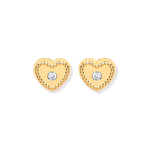 9ct Yellow Gold Heart Ribbed Edge with Cubic Zirconia Studs