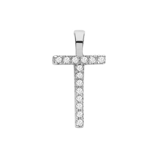 9ct White Gold 0.05ct Diamond T Initial