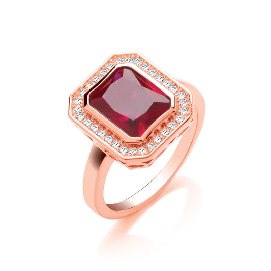 Red Corundum Emerald Cut Rose Gold Plated Silver Ring