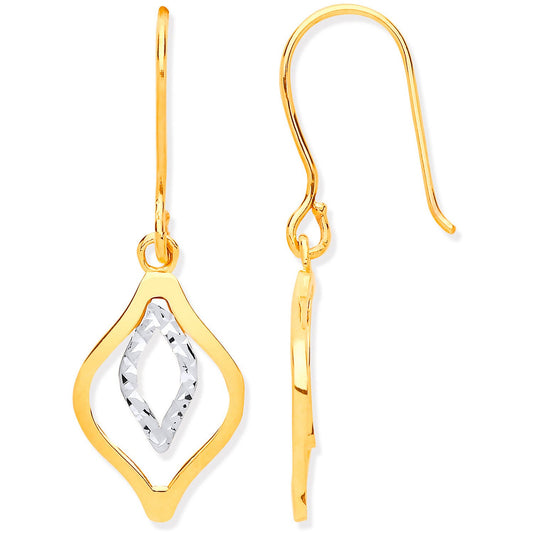 Yellow and White Gold Rhombus Shaped Hook Earrings
