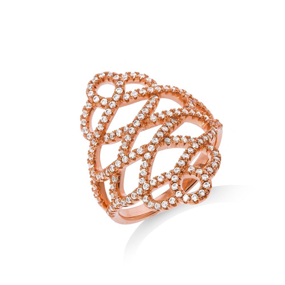 Micro Pave Rose Coated Fancy Silver Cubic Zirconia Ring (HNN-F83A45)