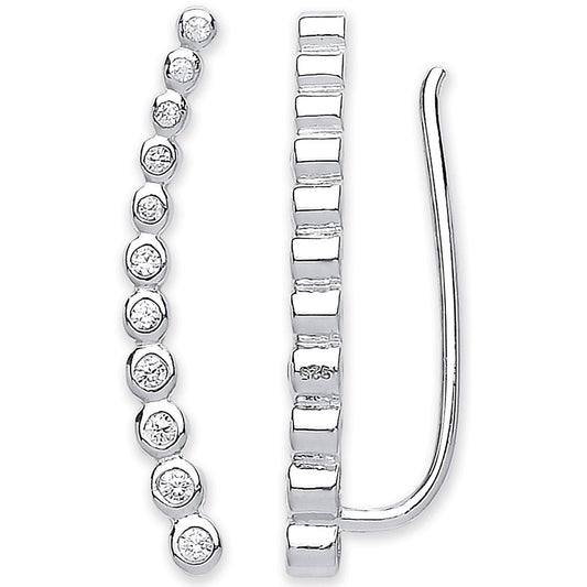 Silver Arc-Shaped Ear Hook Rubover Cubic Zirconia Ear Clip Earrings