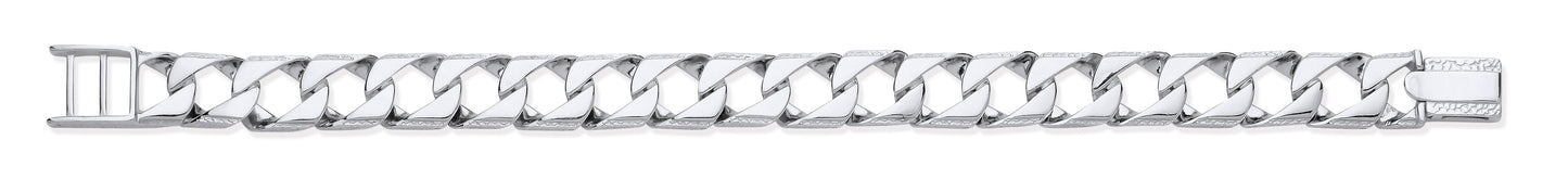 Silver 12mm Big Square Curb Ribbed Edge Link Gents Bracelet