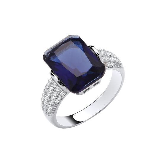 Silver Deep Blue Emerald Cut Cubic Zirconia Ring