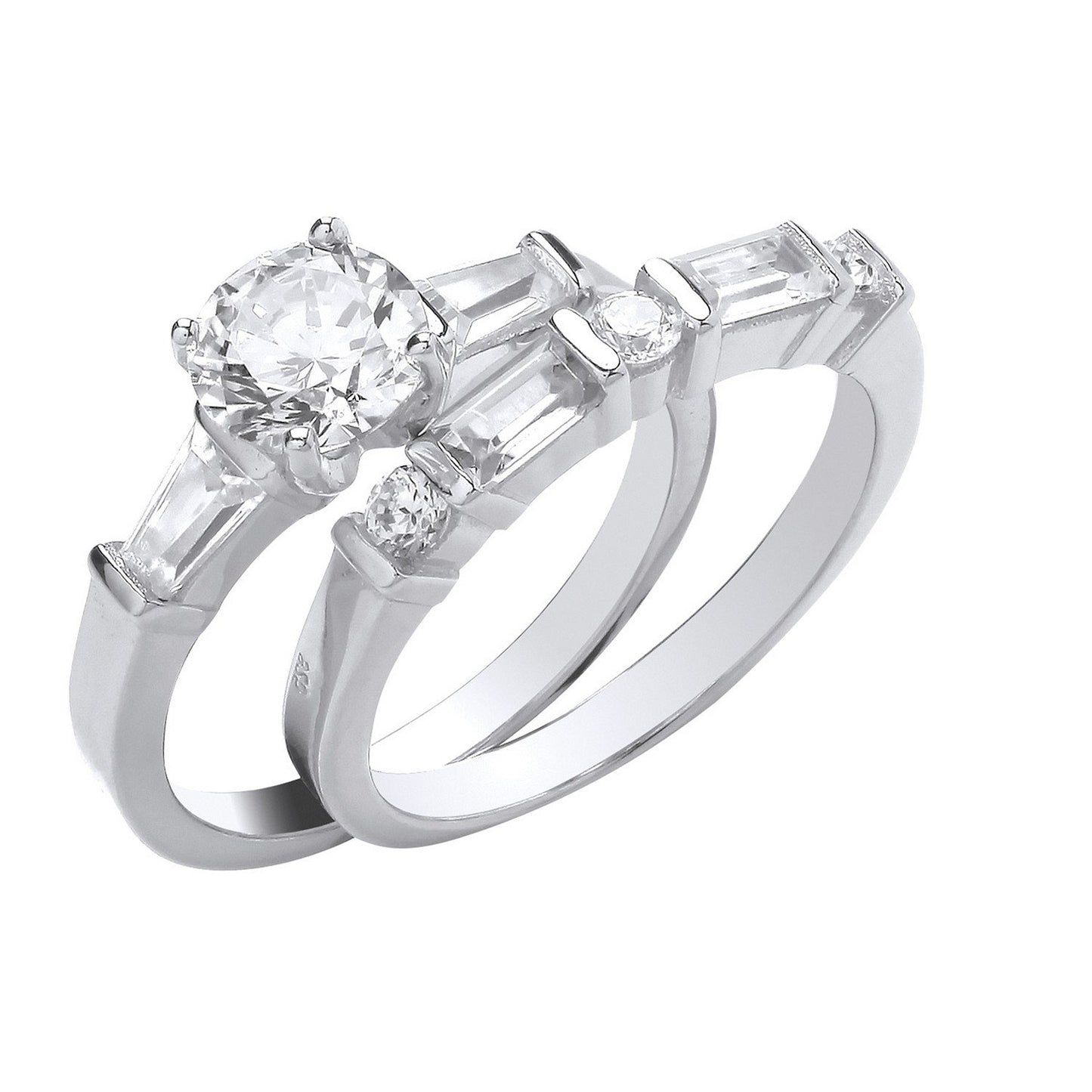 Silver Round and Baguette Cubic Zirconia Bridal Set Rings