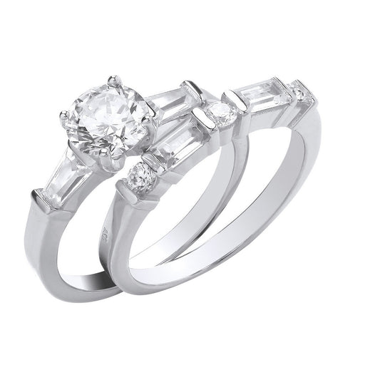 Silver Round and Baguette Cubic Zirconia Bridal Set Rings