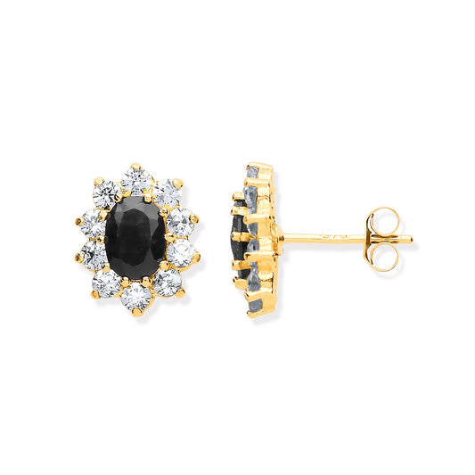 9ct Yellow Gold Black Sapphire & Cubic Zirconias Cluster Studs