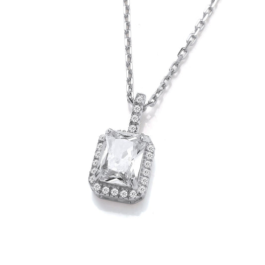 Emerald Cut Cubic Zirconia Halo Silver Pendant with Chain