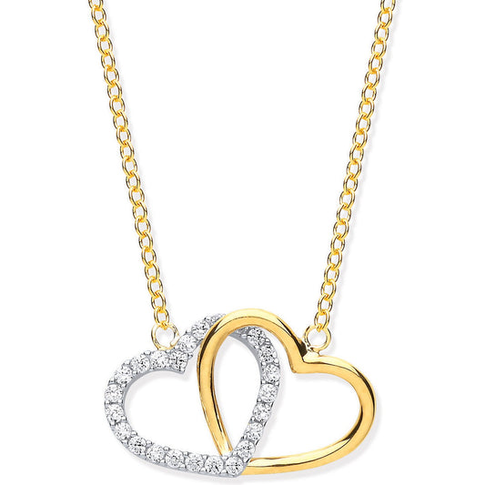 Yellow and White Gold Plain and Cubic Zirconia Joined Hearts Pendant on 18" Chain