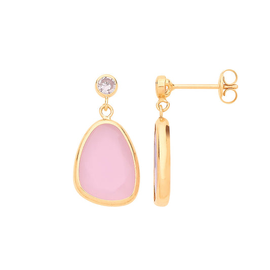9ct Yellow Gold Cubic Zirconia and Pink Glass Drop Studs