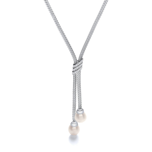 Necklace with 3 Stripes Cubic Zirconias and 2 Fresh Water Pearls