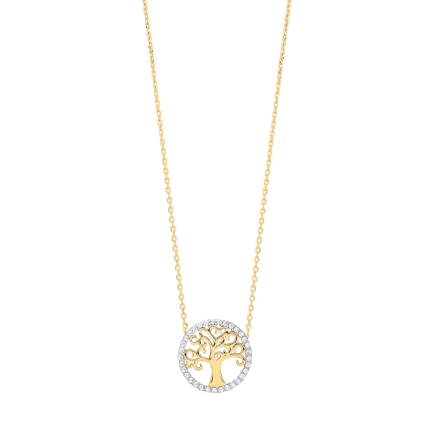 Yellow Gold Tree of Life Cubic Zirconia Necklace 16" & 18"