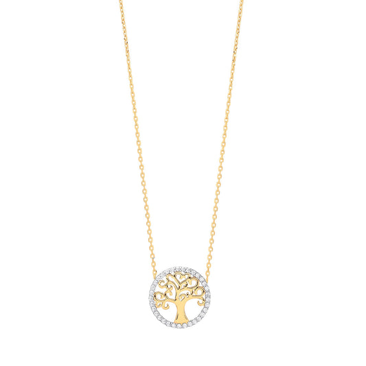 Yellow Gold Tree of Life Cubic Zirconia Necklace 16" & 18"