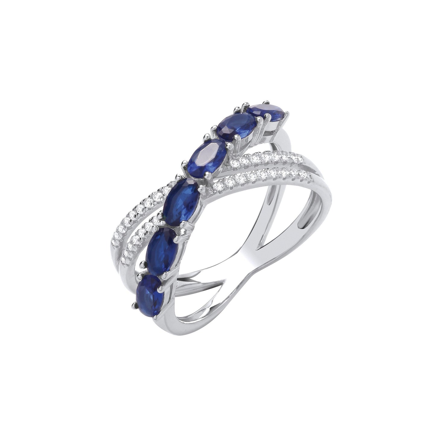 Silver Crossover Clear & Blue Cubic Zirconias Ring