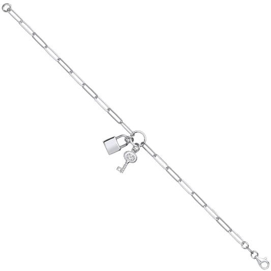 Silver Paper Clip Chain , Padlock & Cubic Zirconia Key Bracelet