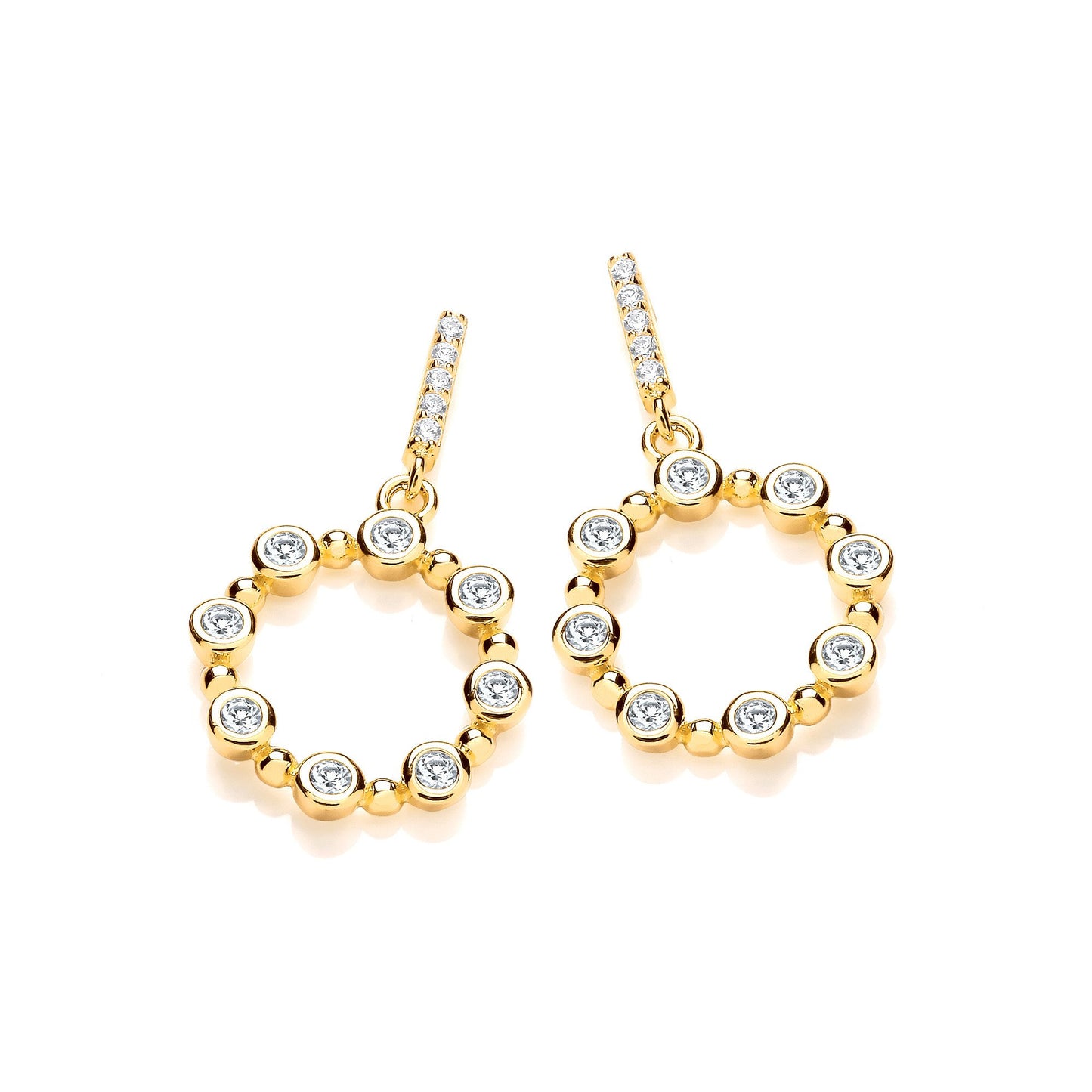 Yellow Gold Plated Silver Rubover Cubic Zirconias Circle Drop Earrings