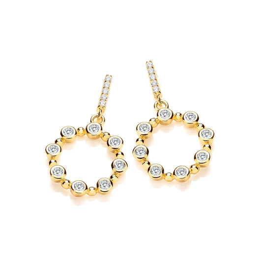 Yellow Gold Plated Silver Rubover Cubic Zirconias Circle Drop Earrings