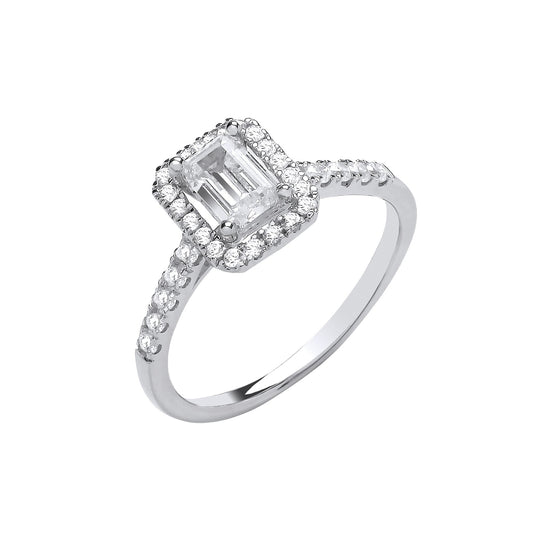 18ct White Gold 0.60ct Emerald Cut GIA Certificate with 0.30ct Halo and Shoulders