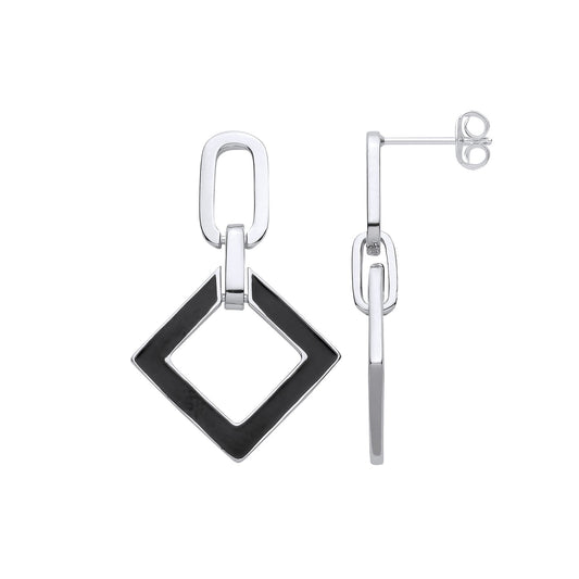 Silver Square Black Enamel Drop Earrings