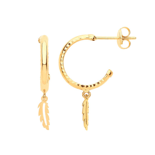 9ct Yellow Gold Diamond Cut Hoop Studs with Feather Drop