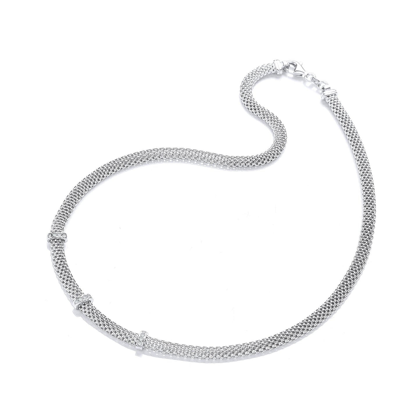 Silver Mesh with Cubic Zirconias Necklace 17"/43cm
