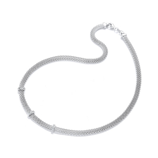 Silver Mesh with Cubic Zirconias Necklace 17"/43cm