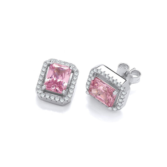 Silver Pink Cubic Zirconias Halo Stud Earrings