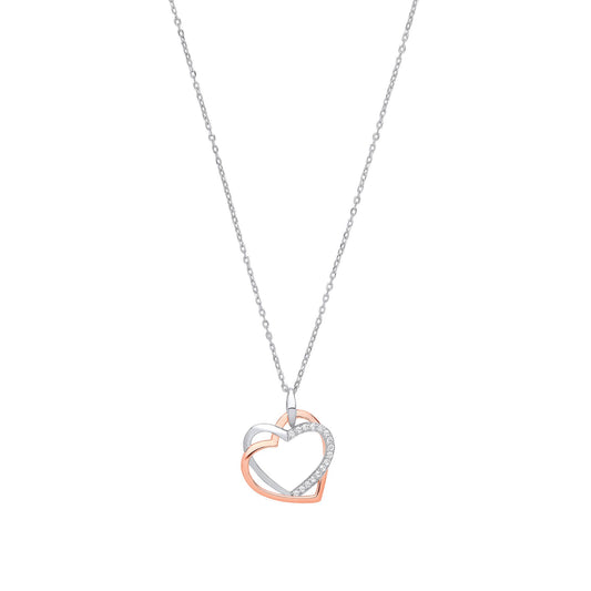 Silver Rose Gold Plated Cubic Zirconia Hearts Charm Necklace