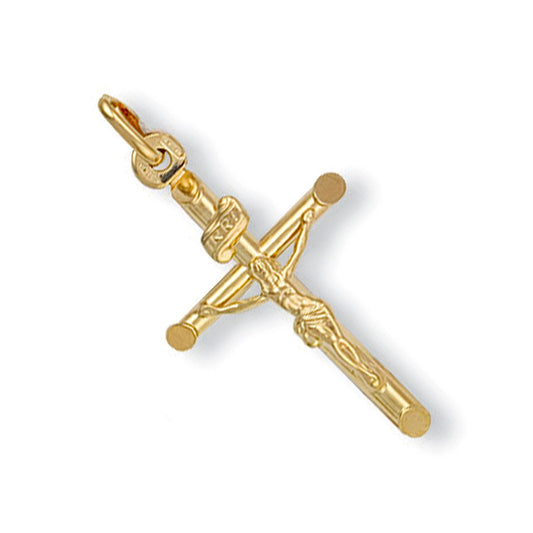 Yellow Gold Round Tube Crucifix - 17.5mm