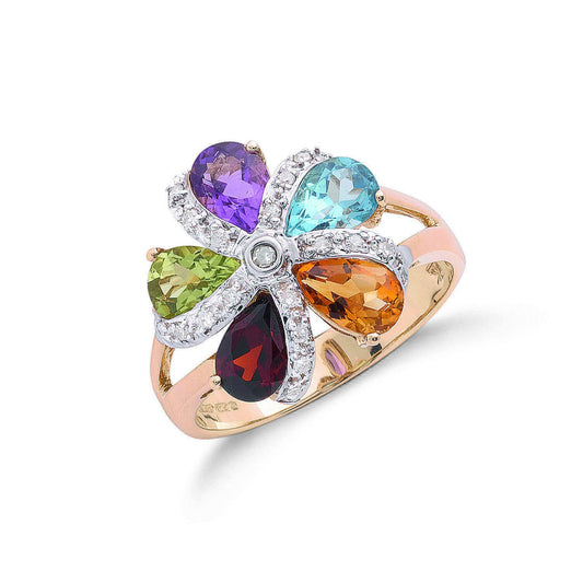 9ct Yellow Gold Diamond & Multi Colour St Flower/Cluster Ring