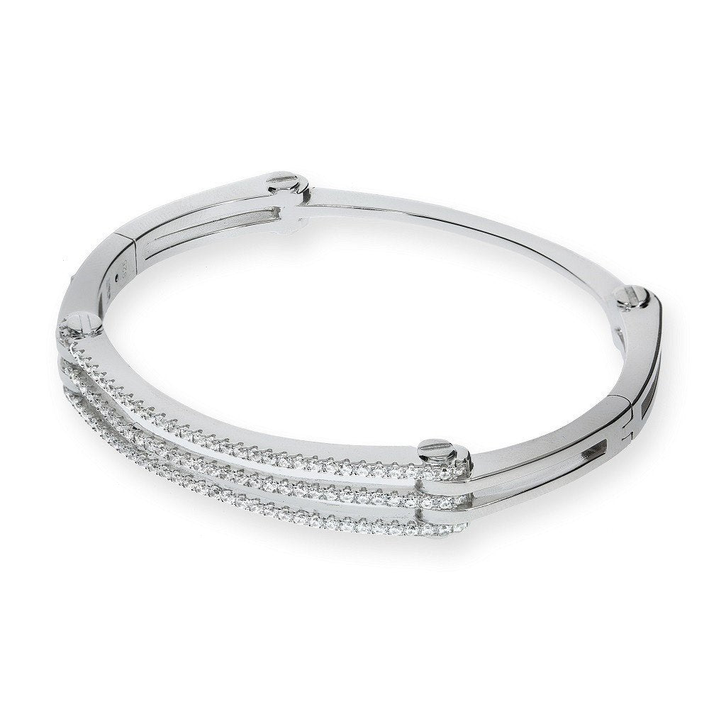 Micro Pave Cubic Zirconia Hinged Silver Bangle