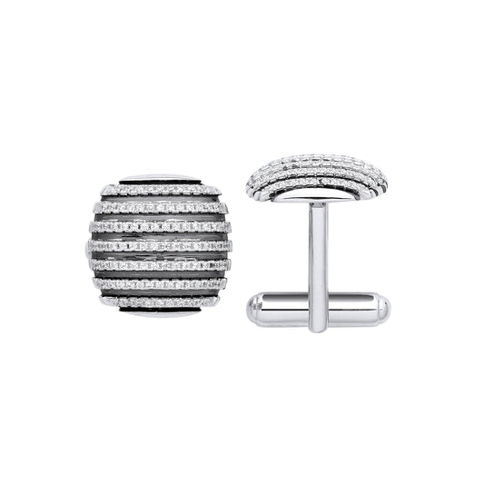 Silver & Black Stripes, Cubic Zirconia Domed Cufflinks