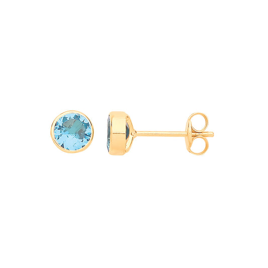 9ct Yellow Gold 5mm Rubover Set Blue Cubic Zirconia Studs