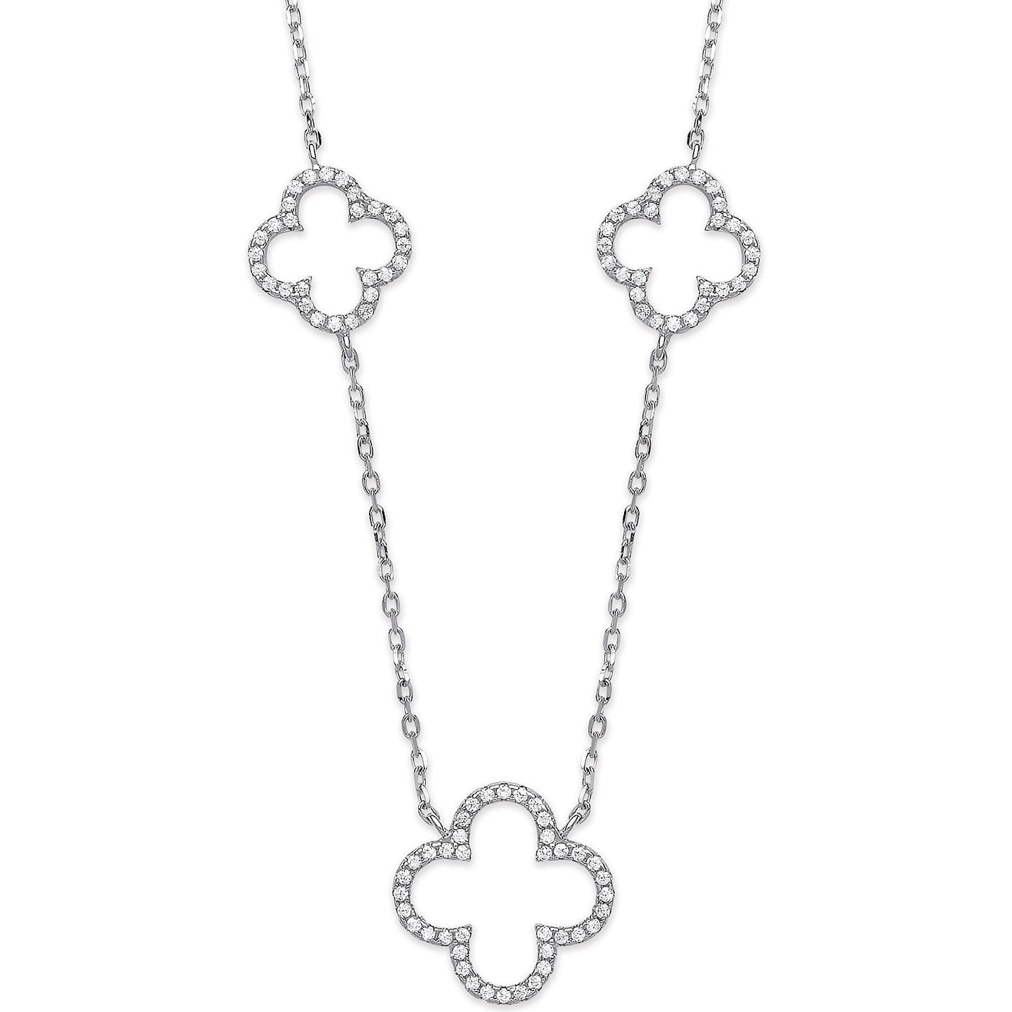 Silver Cubic Zirconia Four Leaf Clover Pendant 16" Necklace