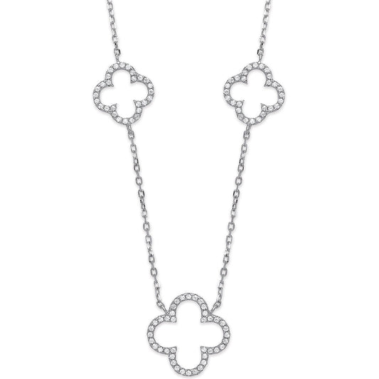 Silver Cubic Zirconia Four Leaf Clover Pendant 16" Necklace