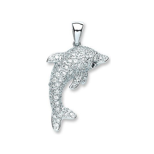Silver Cubic Zirconia Dolphin Pendant - 21.5mm