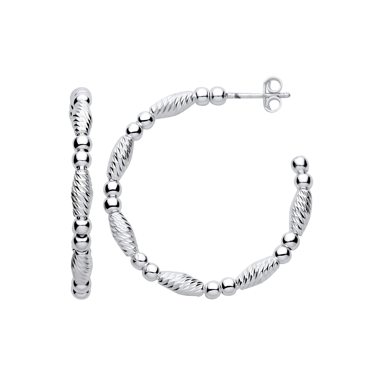 Silver Beads and Twist Medium Hoop Earrings