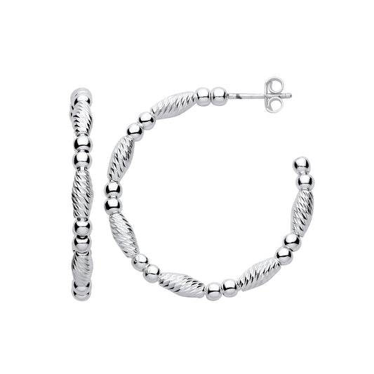 Silver Beads and Twist Medium Hoop Earrings