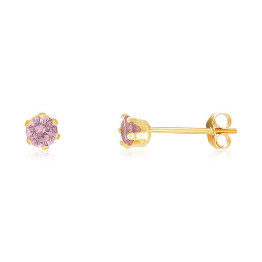 9ct Yellow Gold 3mm Claw Set Pink Cubic Zirconia Studs