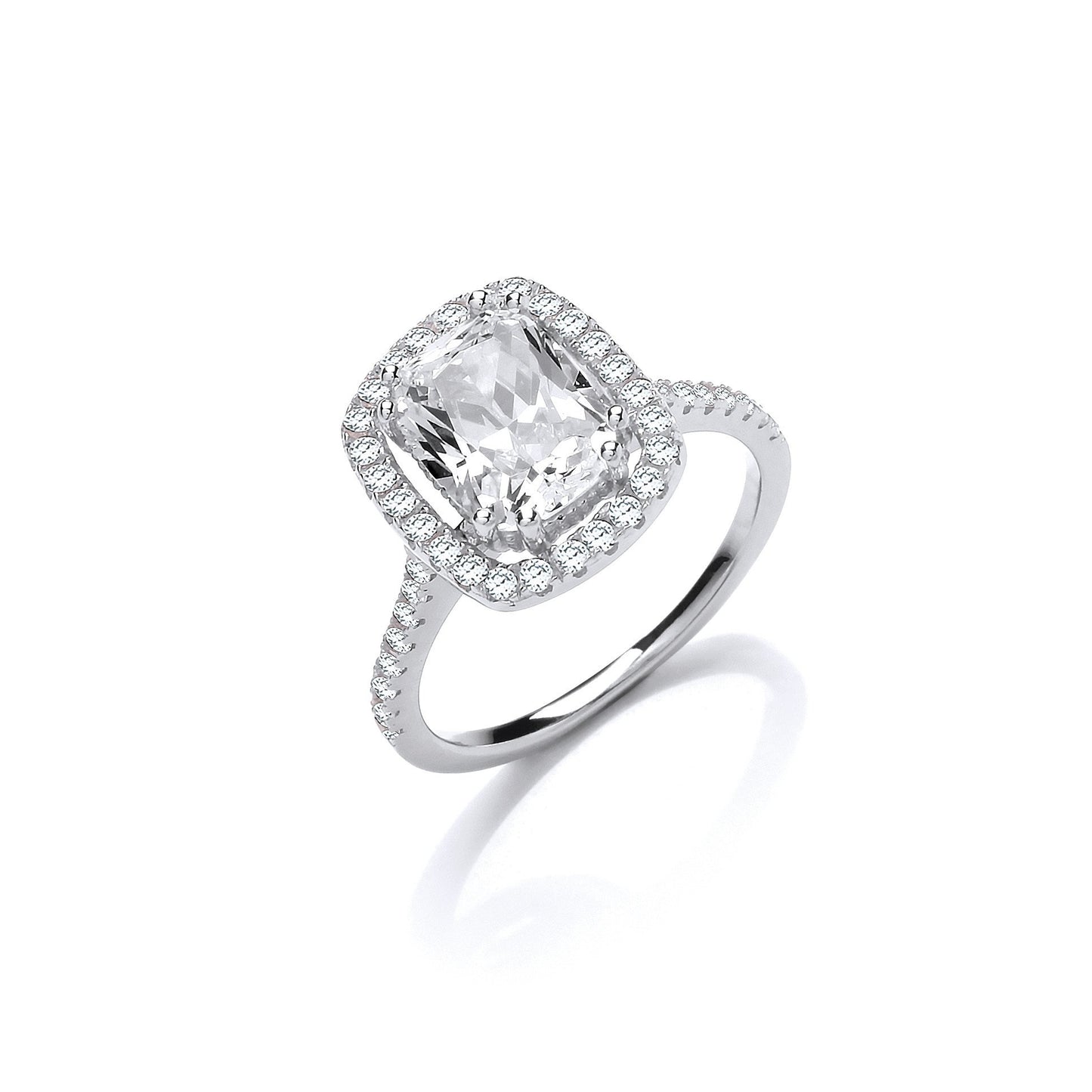 Halo Style High Setting Emerald Cut Cubic Zirconia Silver Ring