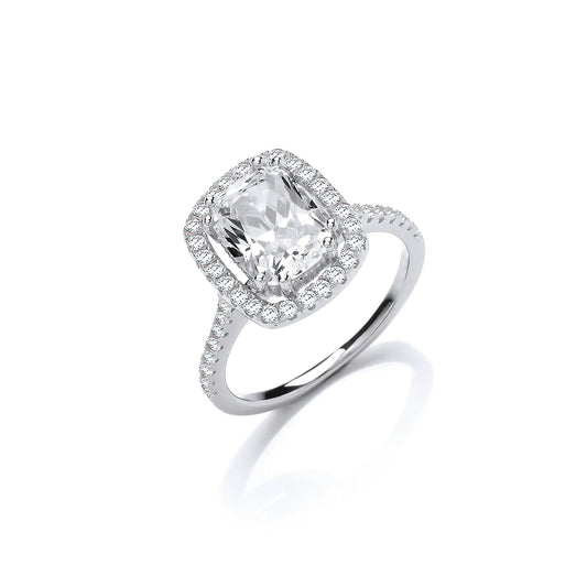 Halo Style High Setting Emerald Cut Cubic Zirconia Silver Ring