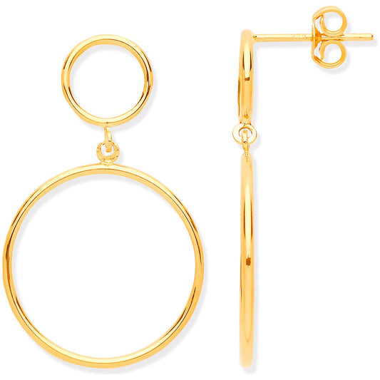 Yellow Gold Circles Open Drop Earrings - 17.0mm
